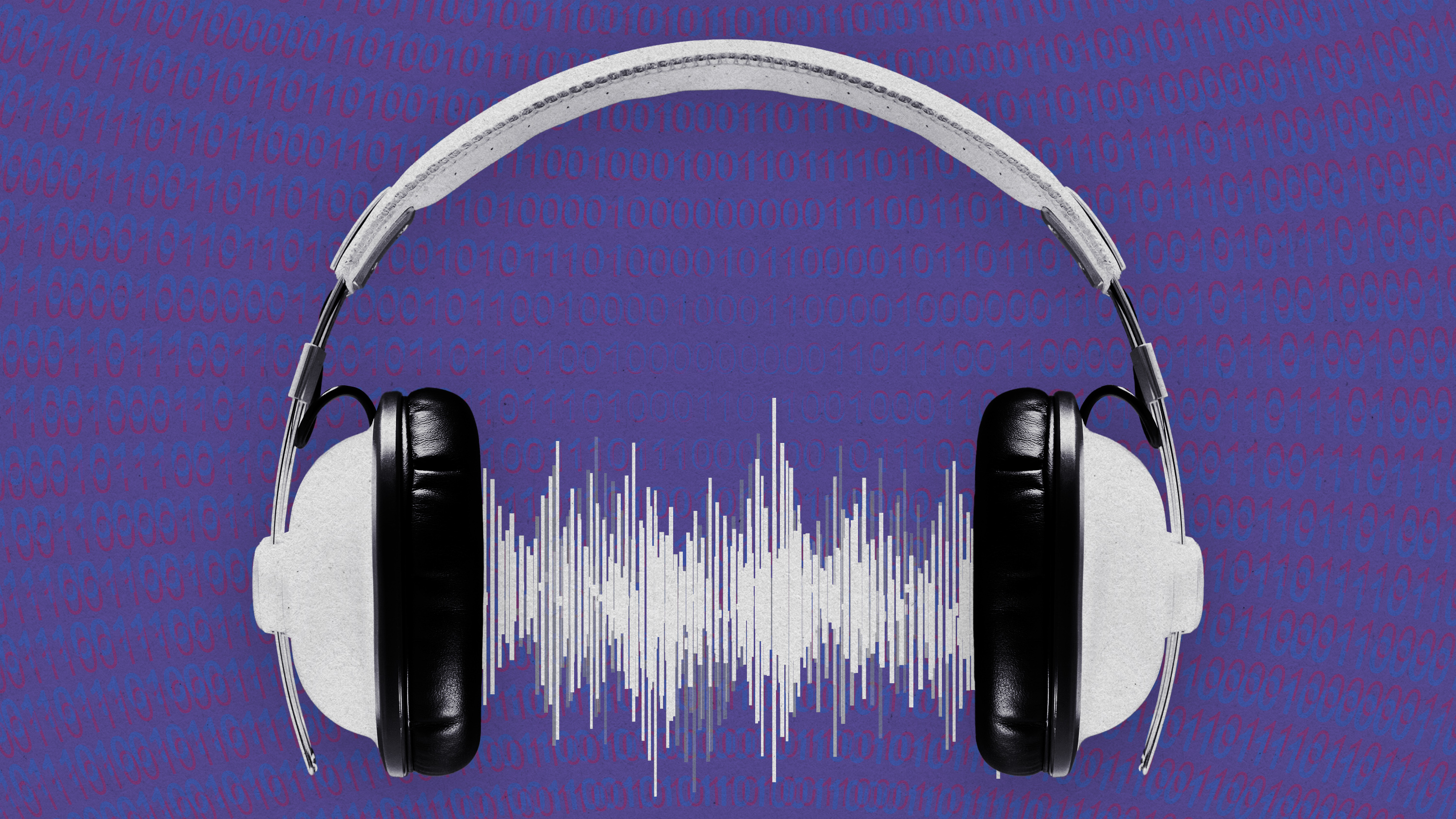 Photo illustration concept of AI music showing a headphones with sound waves and binary code in the background.