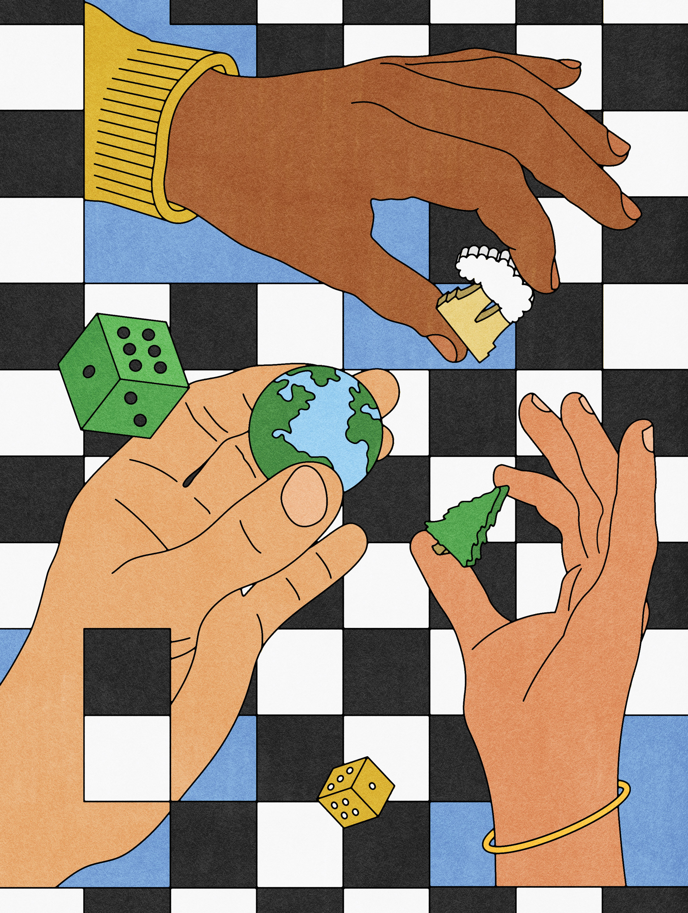 hands holding game pieces in the shape of the earth, a tree, and other climate related things