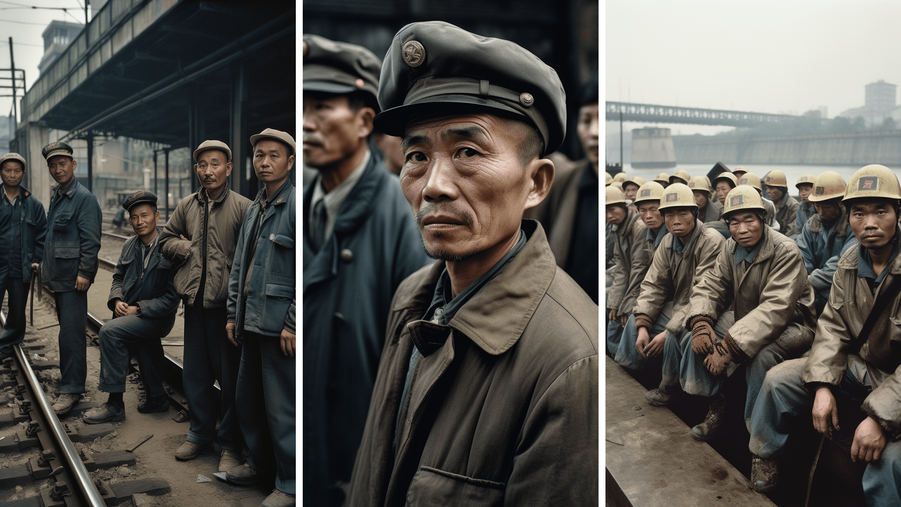 Three AI-generated images representing workers in China in a retro photographic style