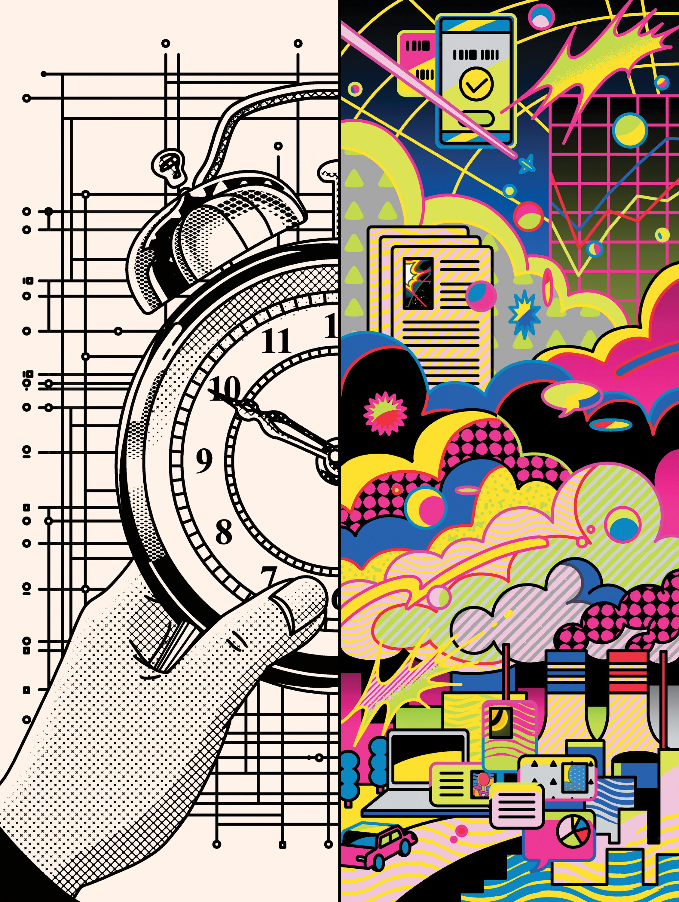 left side of illustration is a hand holding an alarm clock in black and white, while the right side is a colorful chaos